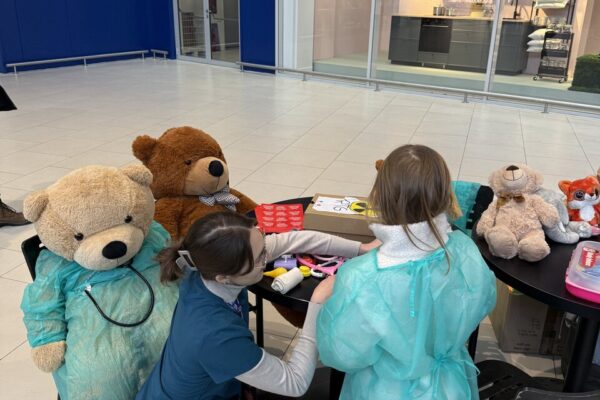 Dziecko przy stole z pluszowymi misiami